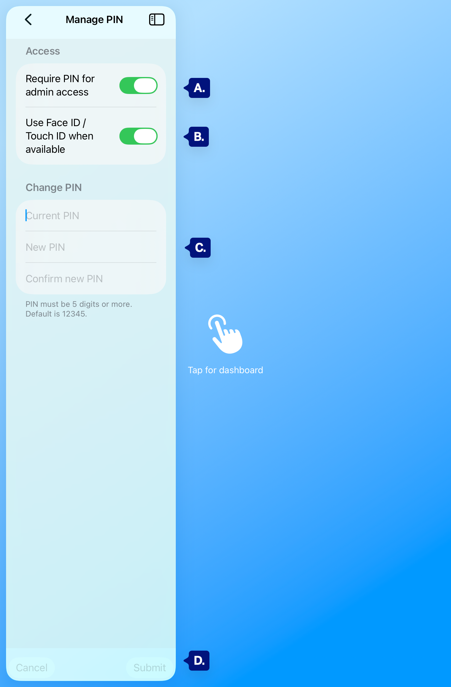 admin menu device manage pin markup