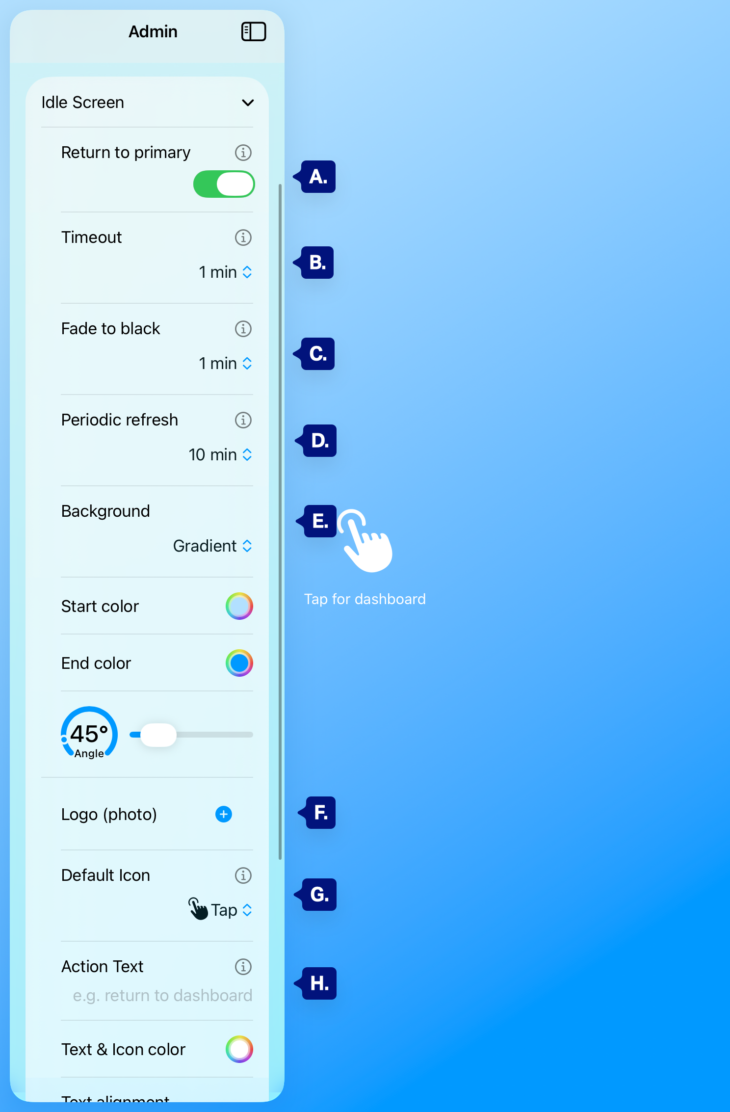 admin menu idle screen markup